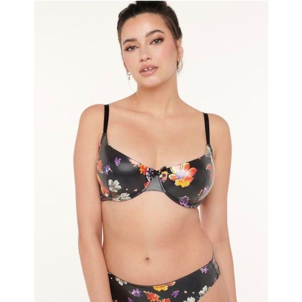 Savage X Fenty New Padded Balconette Bra Black Night Blooms Wet Look 38D